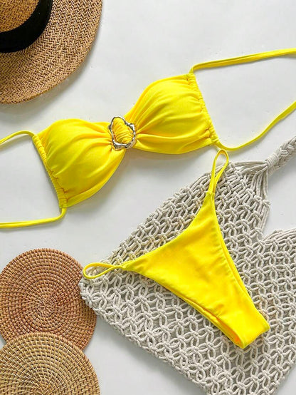 Pembe Straplez Bağcıklı Metal Detaylı Bikini Takımı Niebbla