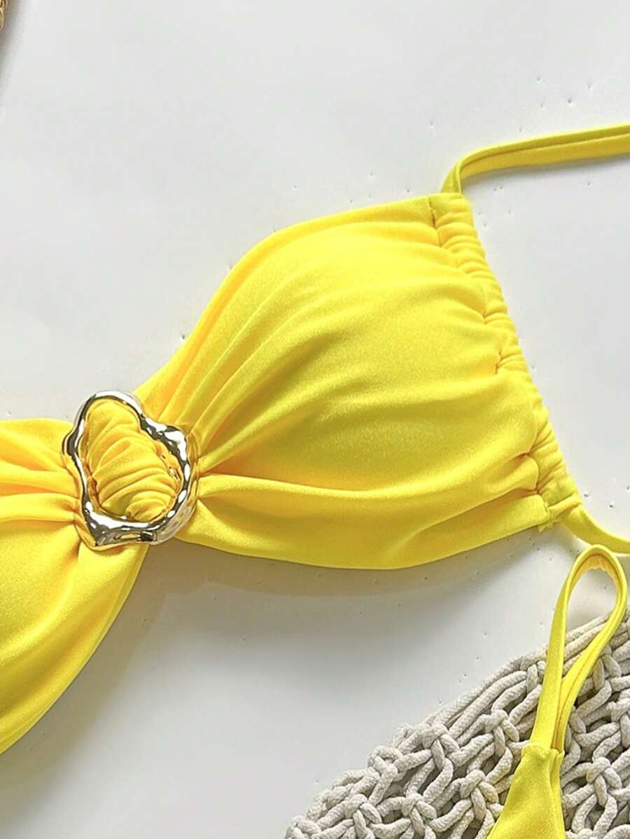Pembe Straplez Bağcıklı Metal Detaylı Bikini Takımı Niebbla