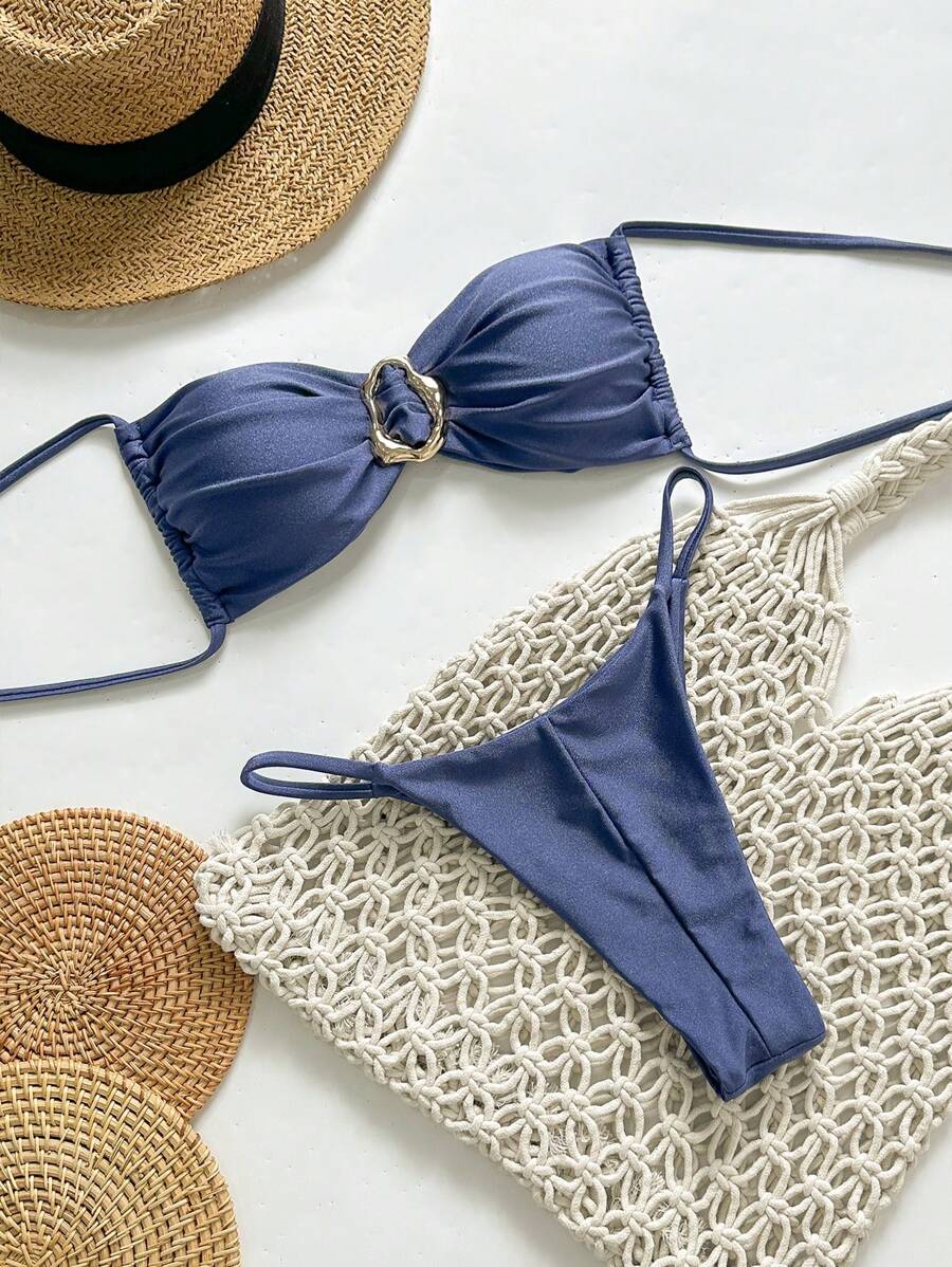 Pembe Straplez Bağcıklı Metal Detaylı Bikini Takımı Niebbla