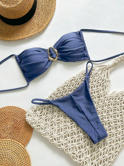 Pembe Straplez Bağcıklı Metal Detaylı Bikini Takımı Niebbla
