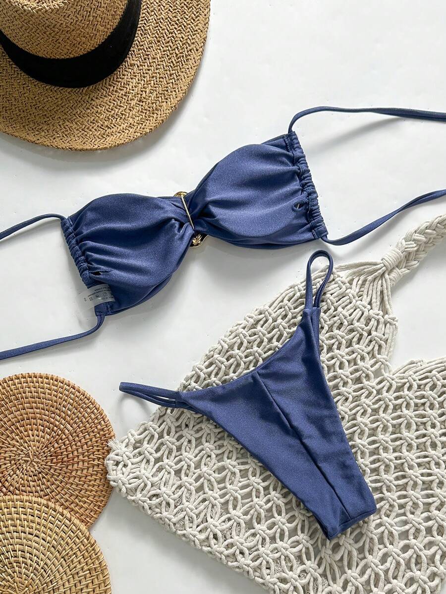 Pembe Straplez Bağcıklı Metal Detaylı Bikini Takımı Niebbla
