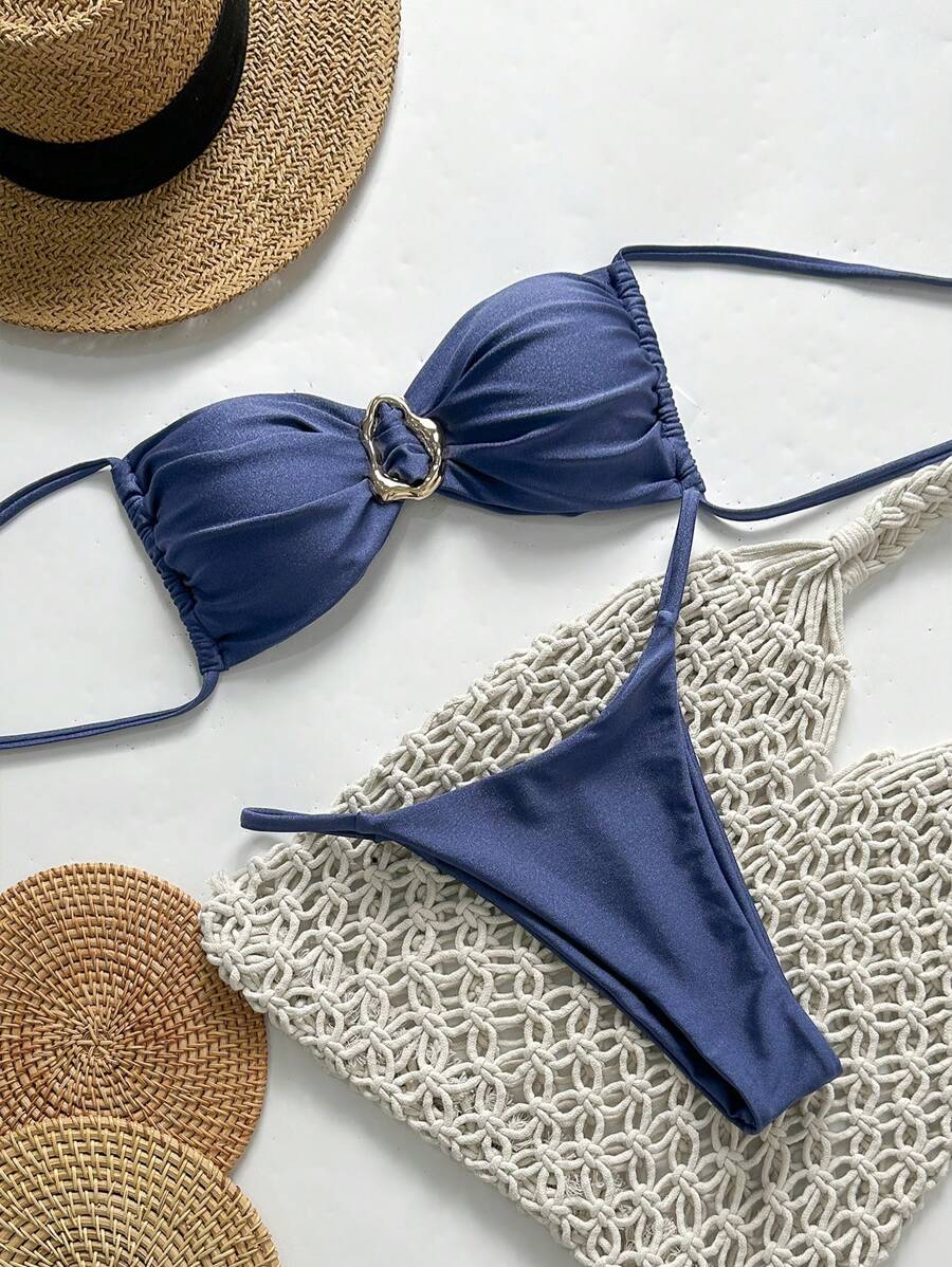 Pembe Straplez Bağcıklı Metal Detaylı Bikini Takımı Niebbla