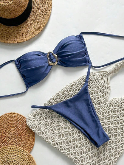 Pembe Straplez Bağcıklı Metal Detaylı Bikini Takımı Niebbla