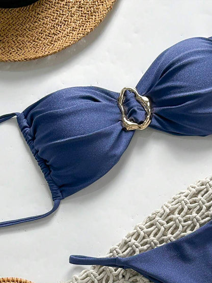 Pembe Straplez Bağcıklı Metal Detaylı Bikini Takımı Niebbla