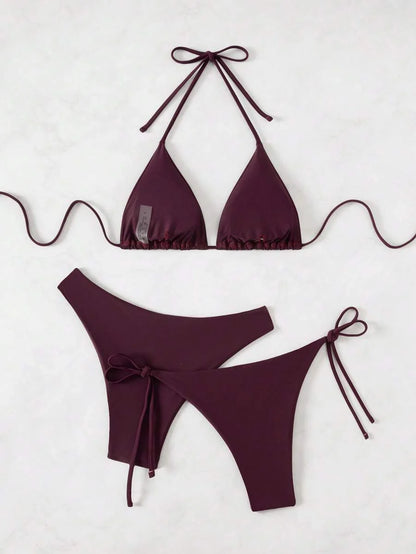 3 Parça Halter Üst + Üçgen Alt + Bağcıklı Şort Bikini Takımı Niebbla