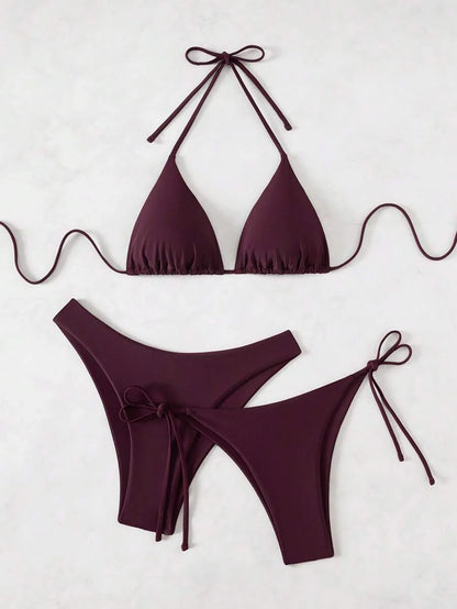 3 Parça Halter Üst + Üçgen Alt + Bağcıklı Şort Bikini Takımı Niebbla