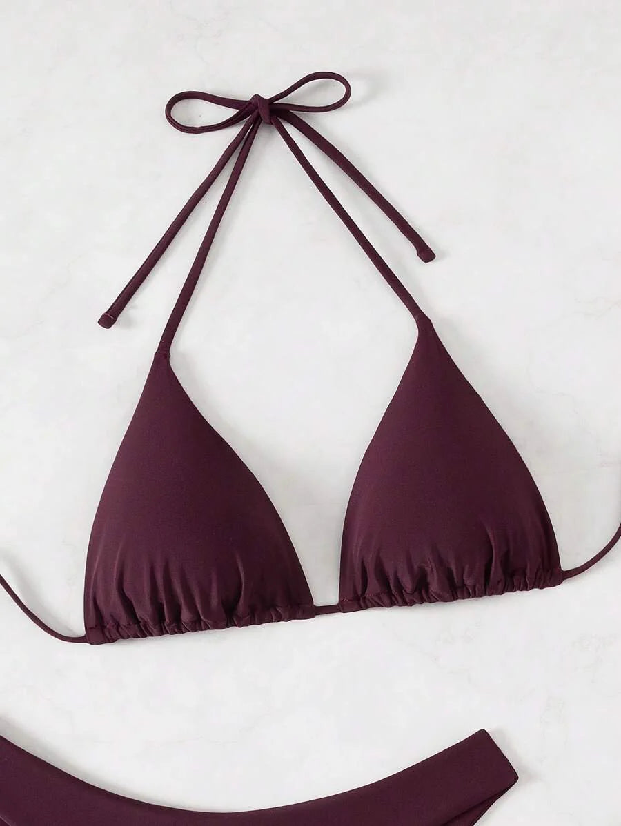 3 Parça Halter Üst + Üçgen Alt + Bağcıklı Şort Bikini Takımı Niebbla
