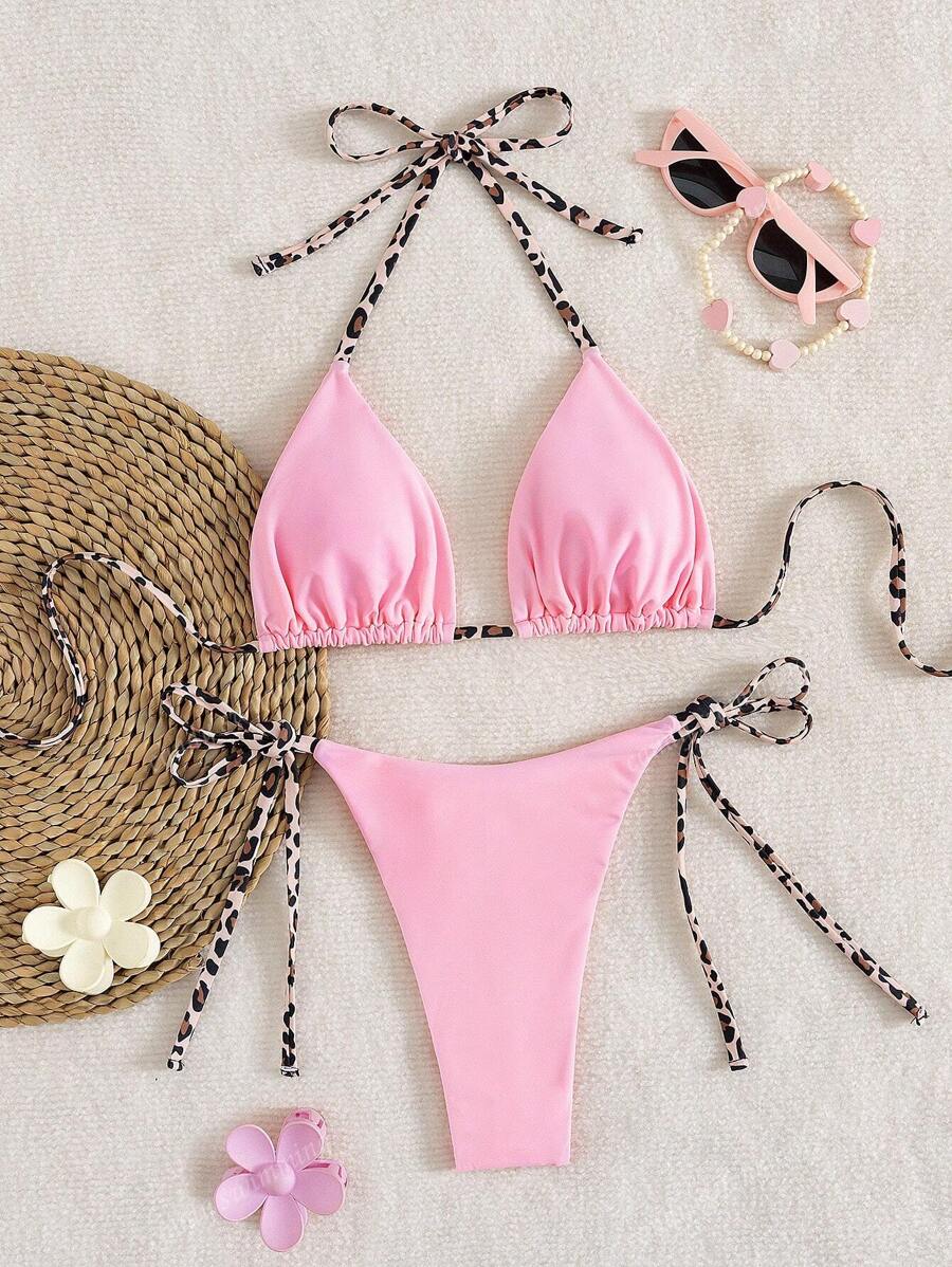 Leopar Desenli Boyundan Bağlamalı Bikini Takımı Niebbla