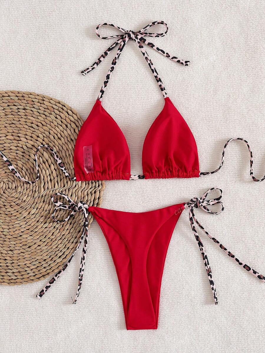 Leopar Desenli Boyundan Bağlamalı Bikini Takımı Niebbla