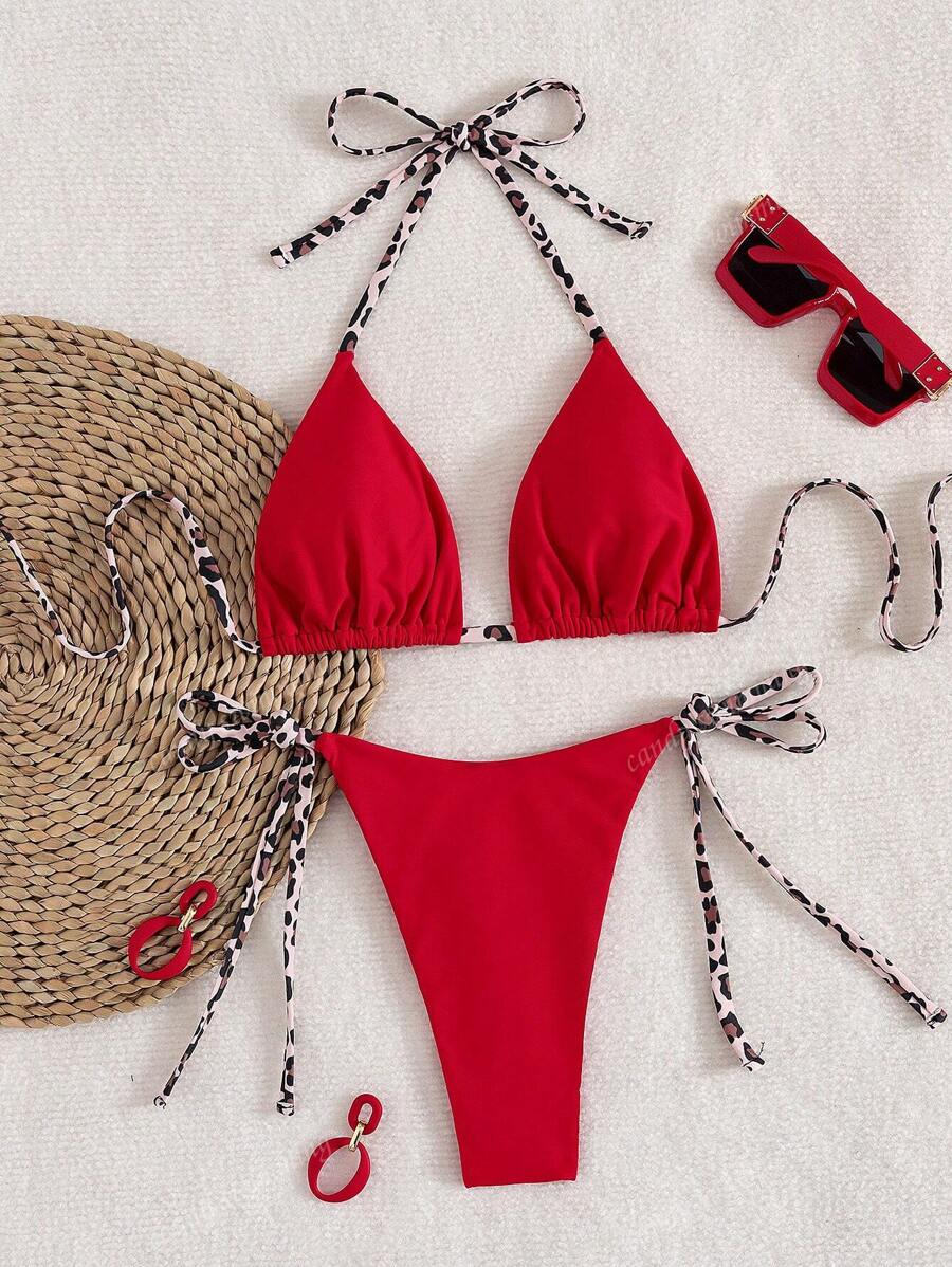 Leopar Desenli Boyundan Bağlamalı Bikini Takımı Niebbla