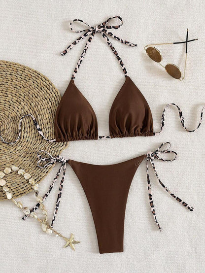 Leopar Desenli Boyundan Bağlamalı Bikini Takımı Niebbla