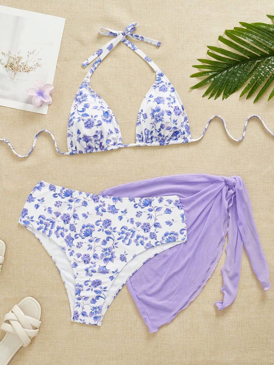 Büyük Beden Boyundan Bağlamalı Baskılı Bikini Takımı Niebbla