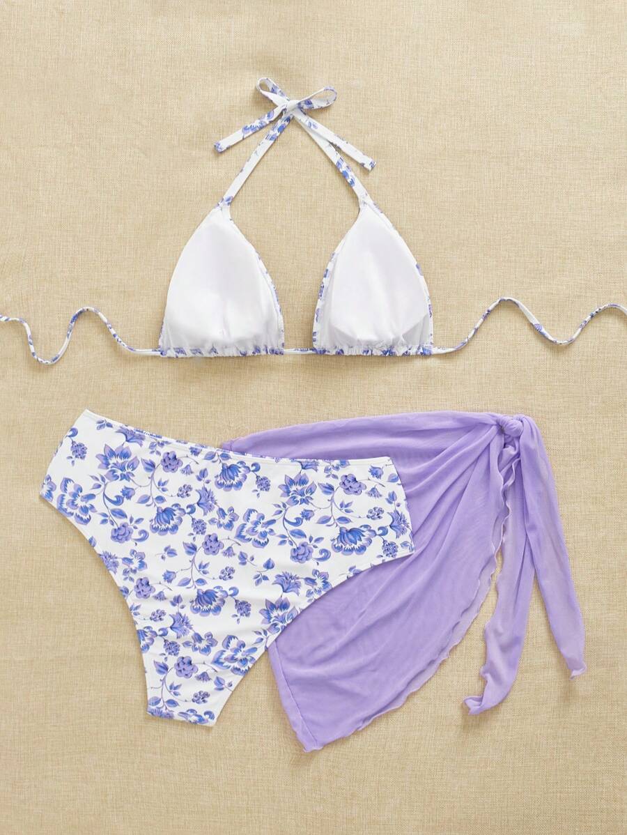 Büyük Beden Boyundan Bağlamalı Baskılı Bikini Takımı Niebbla