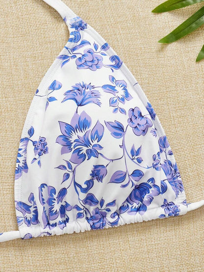 Büyük Beden Boyundan Bağlamalı Baskılı Bikini Takımı Niebbla