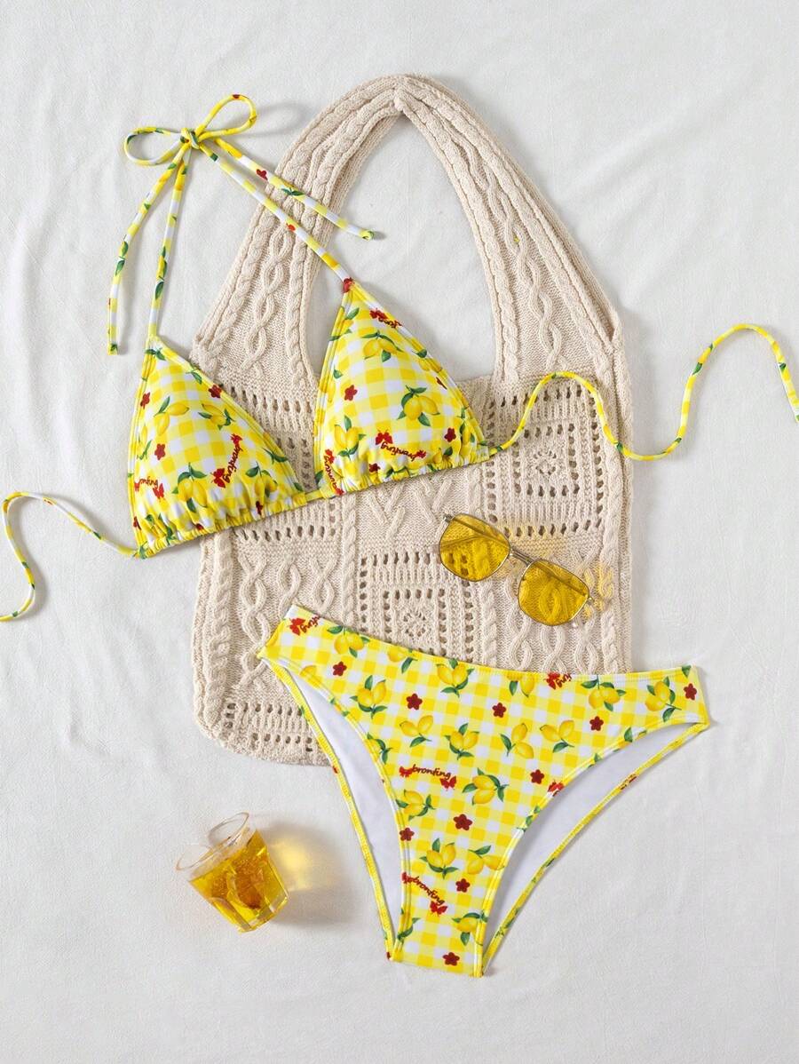 Çiçek Desenli Halter Bağcıklı Bikini Takımı Niebbla