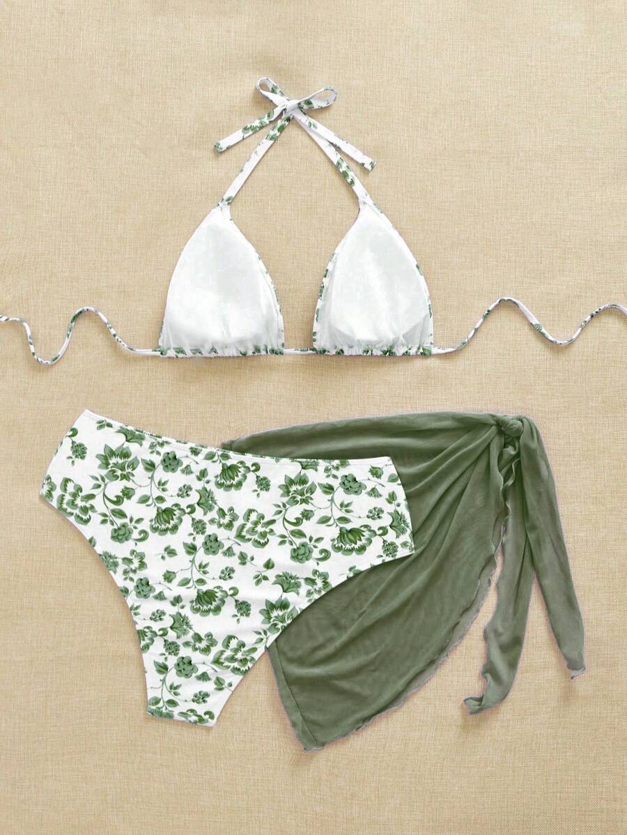 Büyük Beden Boyundan Bağlamalı Baskılı Bikini Takımı Niebbla