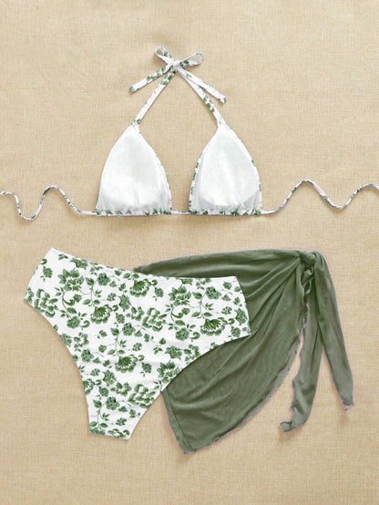Büyük Beden Boyundan Bağlamalı Baskılı Bikini Takımı Niebbla