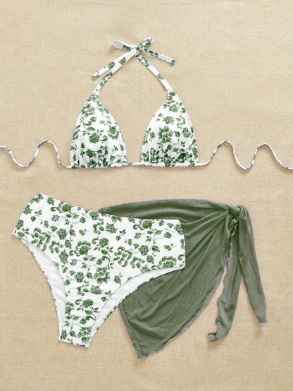 Büyük Beden Boyundan Bağlamalı Baskılı Bikini Takımı Niebbla