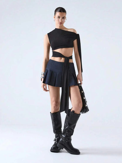 Pileli Çizgili Mini Etek Niebbla