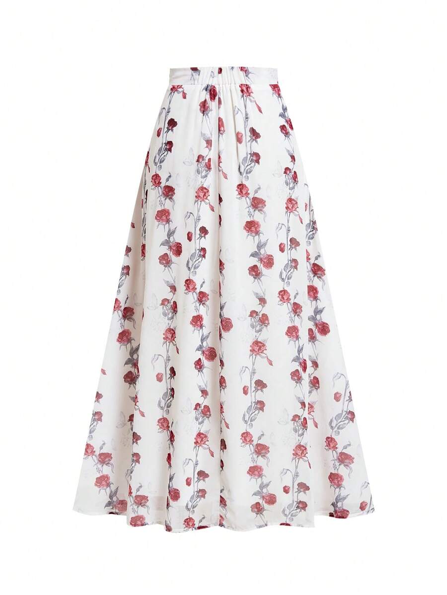 Çiçek Desenli Elastik Bel Günlük Etek Niebbla