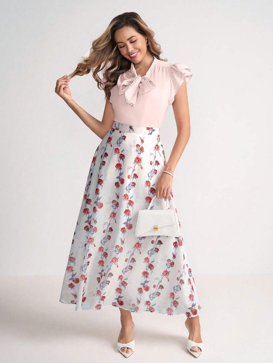 Çiçek Desenli Elastik Bel Günlük Etek Niebbla