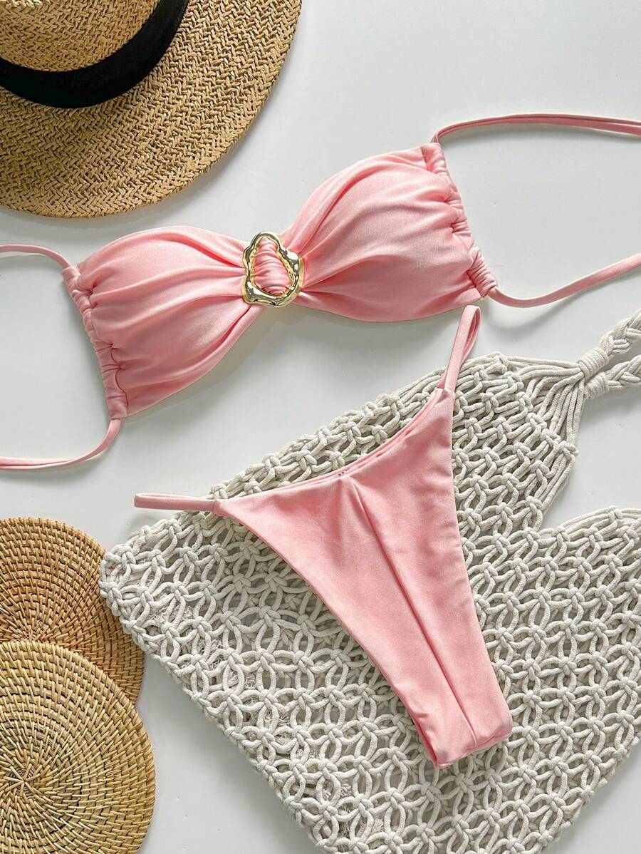 Pembe Straplez Bağcıklı Metal Detaylı Bikini Takımı Niebbla