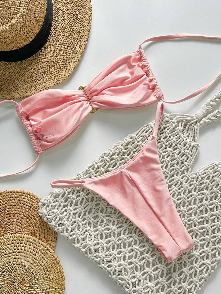 Pembe Straplez Bağcıklı Metal Detaylı Bikini Takımı Niebbla