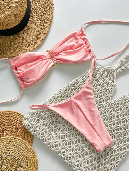 Pembe Straplez Bağcıklı Metal Detaylı Bikini Takımı Niebbla