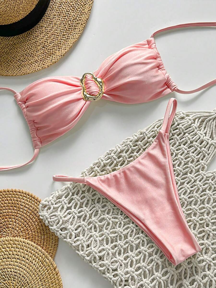 Pembe Straplez Bağcıklı Metal Detaylı Bikini Takımı Niebbla