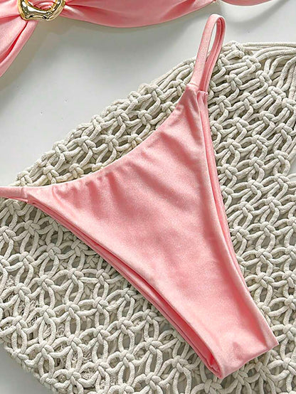 Pembe Straplez Bağcıklı Metal Detaylı Bikini Takımı Niebbla