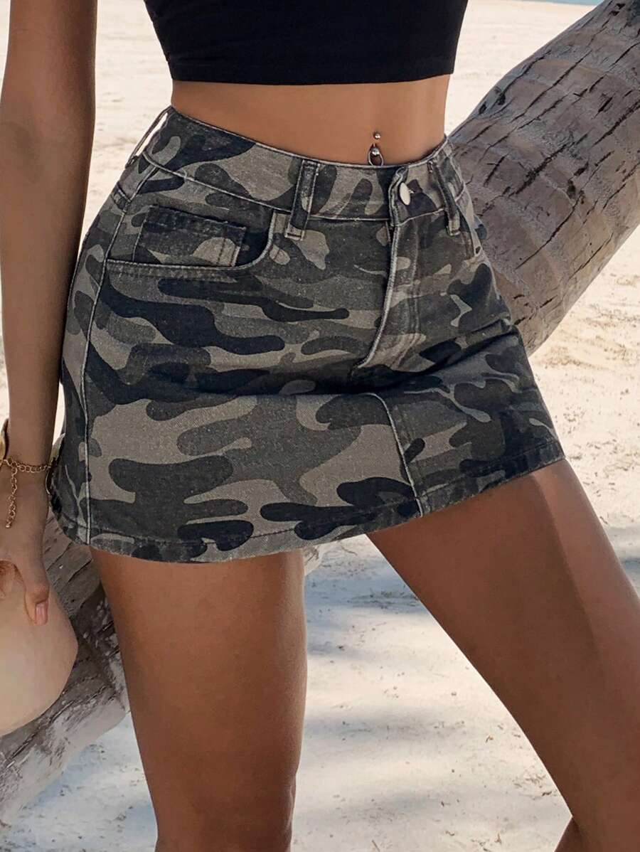 Kamuflaj Baskılı Süper Mini Kot Etek Niebbla