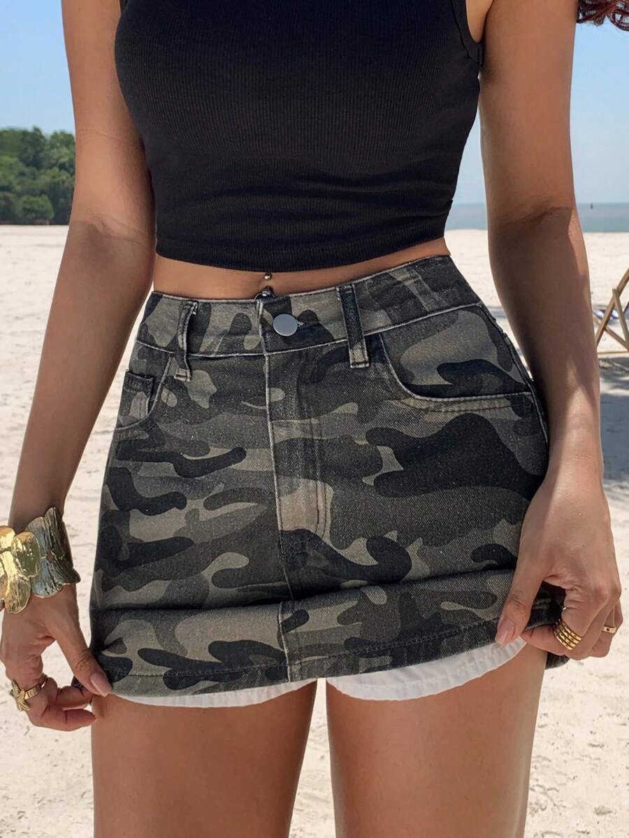 Kamuflaj Baskılı Süper Mini Kot Etek Niebbla