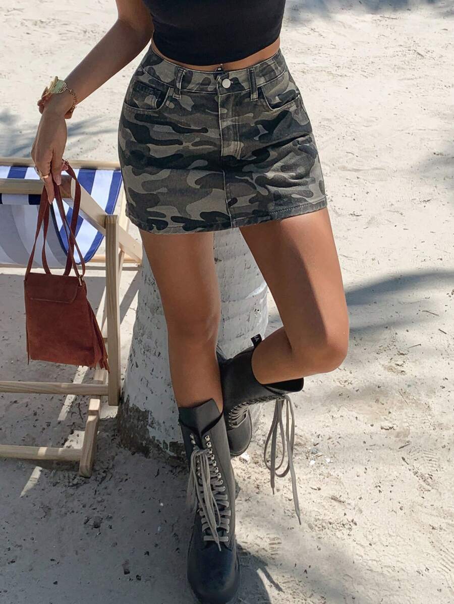 Kamuflaj Baskılı Süper Mini Kot Etek Niebbla