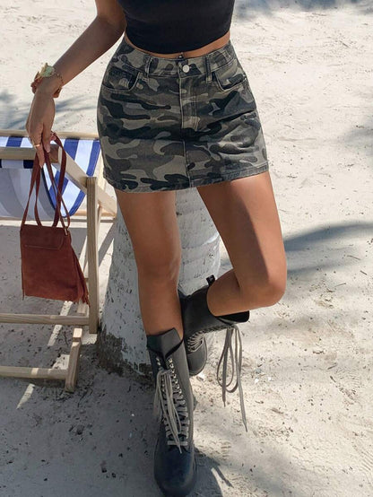 Kamuflaj Baskılı Süper Mini Kot Etek Niebbla