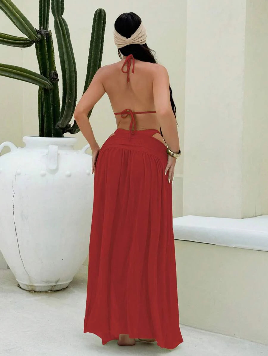 Parlak Kumaş Boyundan Bağlamalı Bikini, Asimetrik Halka Detaylı Uzun File Plaj Elbisesi Niebbla