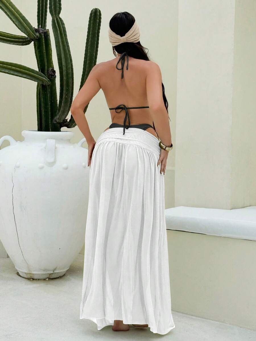 Parlak Kumaş Boyundan Bağlamalı Bikini, Asimetrik Halka Detaylı Uzun File Plaj Elbisesi Niebbla