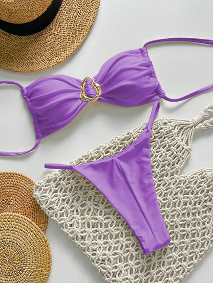 Pembe Straplez Bağcıklı Metal Detaylı Bikini Takımı Niebbla