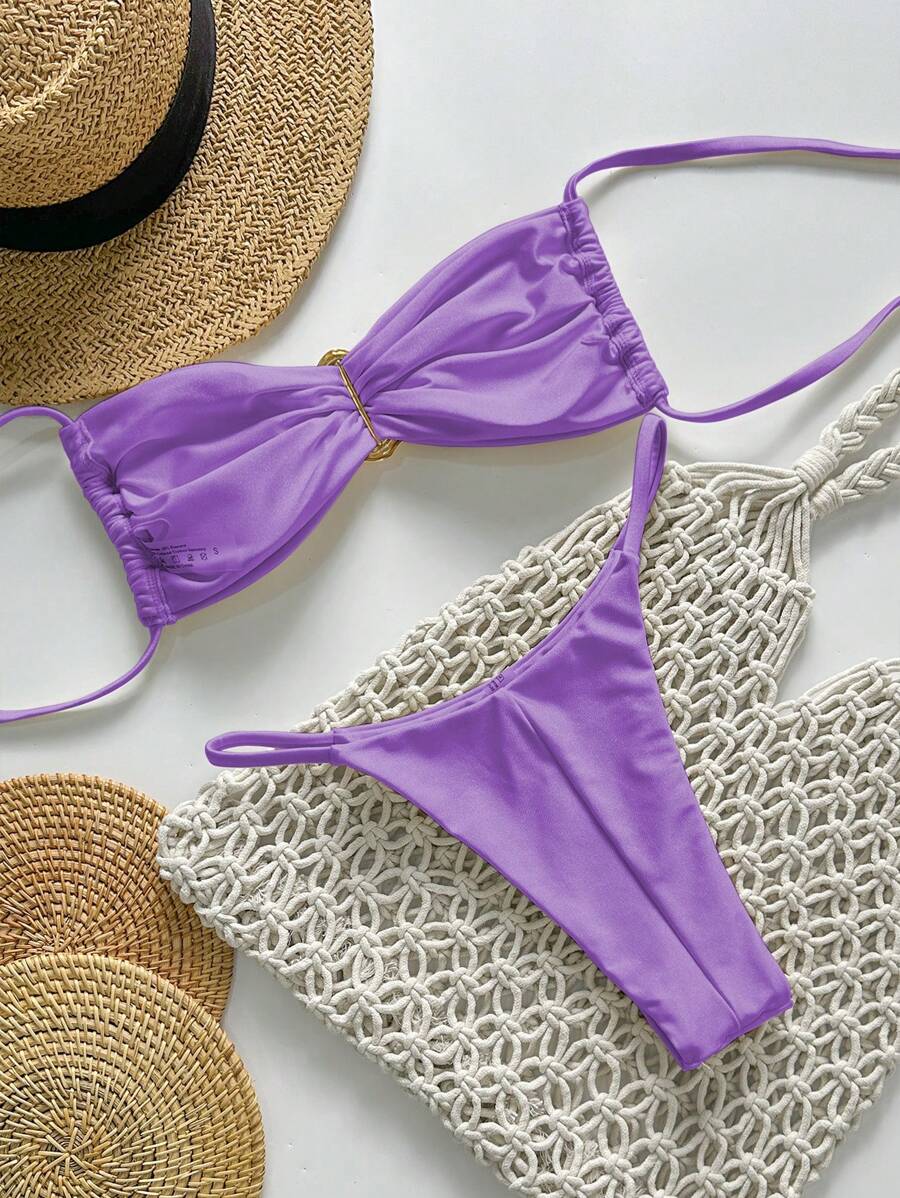 Pembe Straplez Bağcıklı Metal Detaylı Bikini Takımı Niebbla