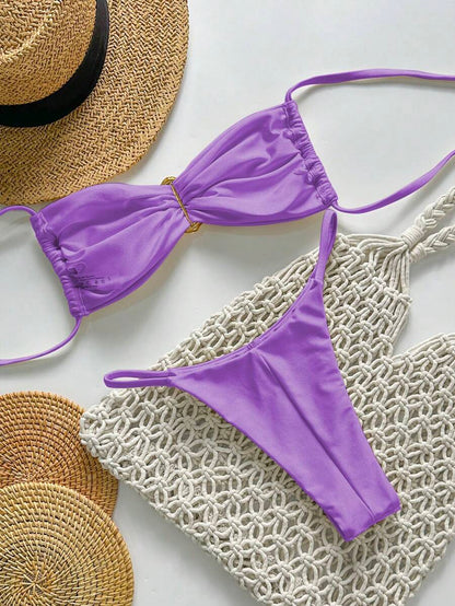 Pembe Straplez Bağcıklı Metal Detaylı Bikini Takımı Niebbla