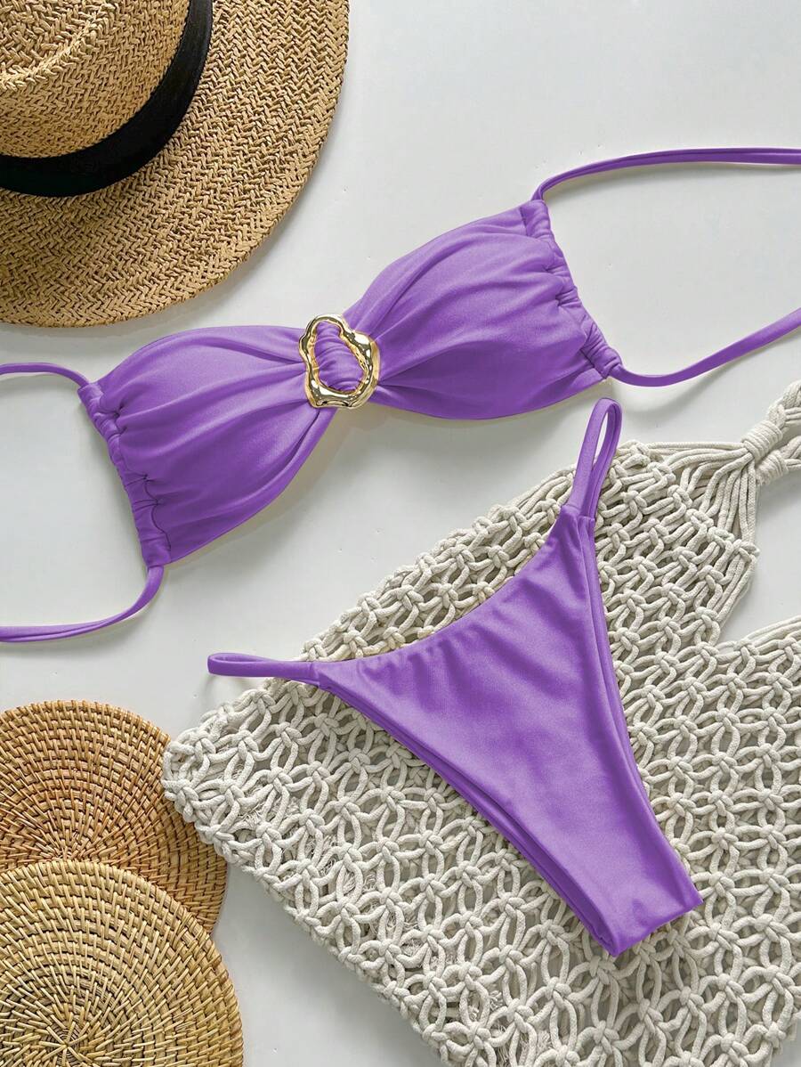 Pembe Straplez Bağcıklı Metal Detaylı Bikini Takımı Niebbla