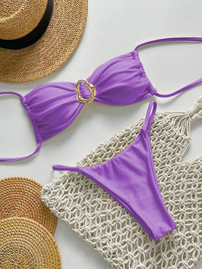 Pembe Straplez Bağcıklı Metal Detaylı Bikini Takımı Niebbla