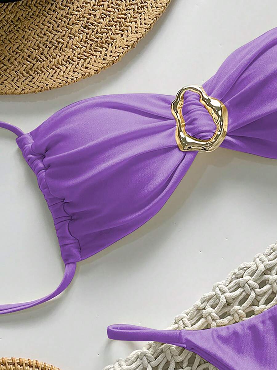 Pembe Straplez Bağcıklı Metal Detaylı Bikini Takımı Niebbla