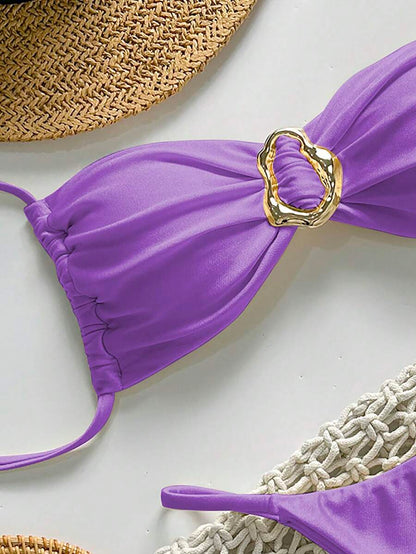 Pembe Straplez Bağcıklı Metal Detaylı Bikini Takımı Niebbla