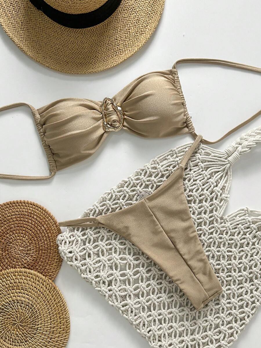 Pembe Straplez Bağcıklı Metal Detaylı Bikini Takımı Niebbla