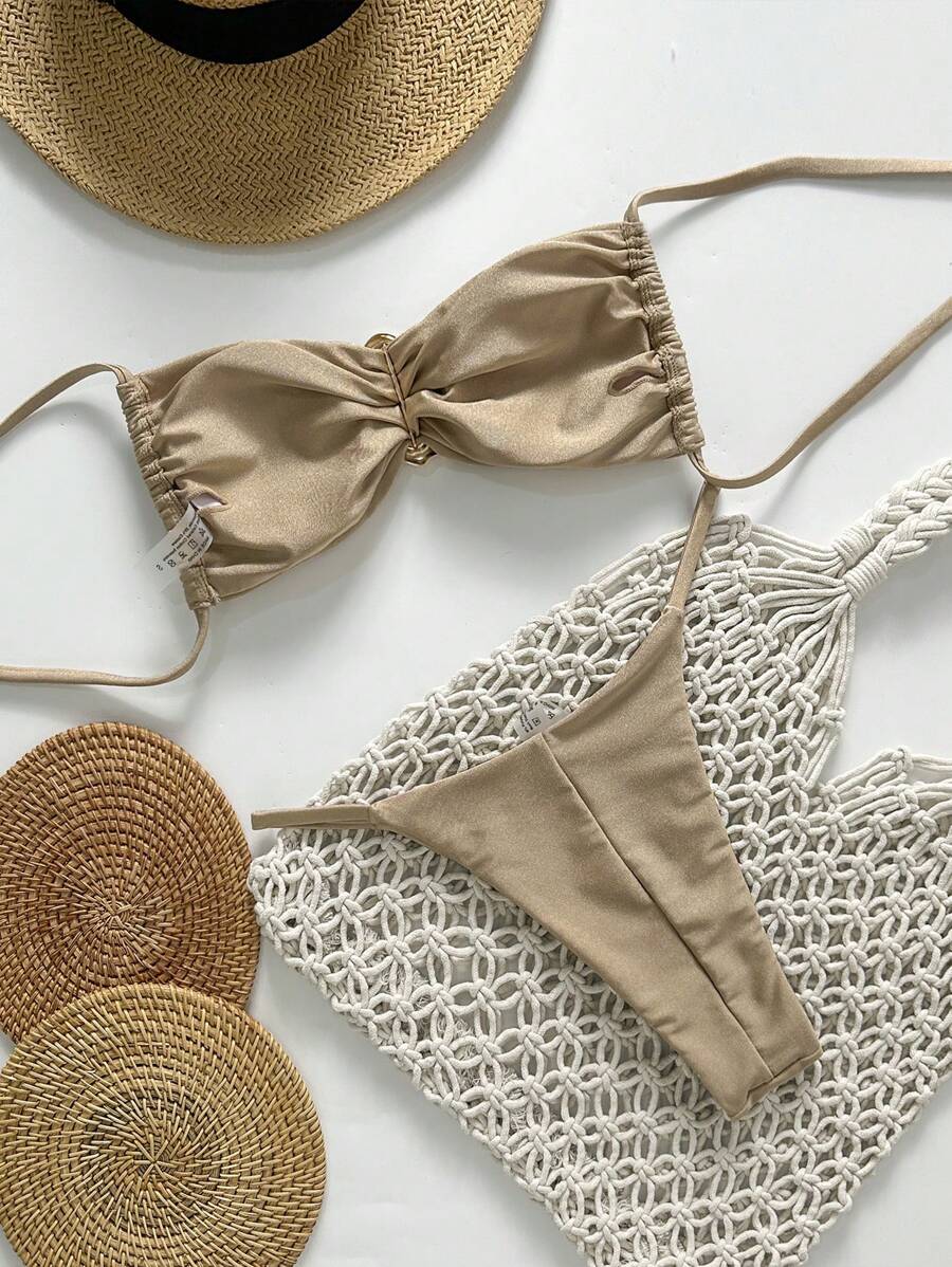 Pembe Straplez Bağcıklı Metal Detaylı Bikini Takımı Niebbla