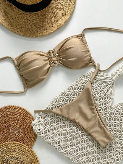 Pembe Straplez Bağcıklı Metal Detaylı Bikini Takımı Niebbla