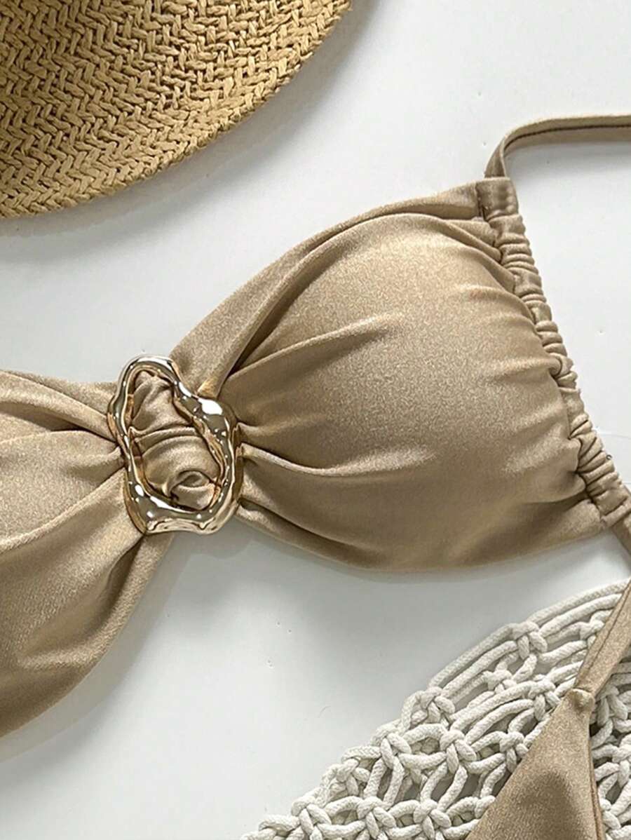 Pembe Straplez Bağcıklı Metal Detaylı Bikini Takımı Niebbla