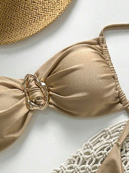 Pembe Straplez Bağcıklı Metal Detaylı Bikini Takımı Niebbla