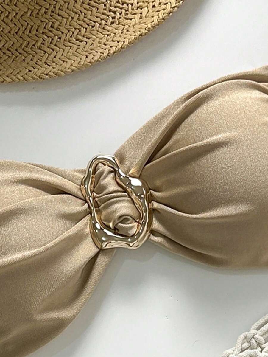 Pembe Straplez Bağcıklı Metal Detaylı Bikini Takımı Niebbla