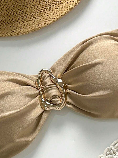 Pembe Straplez Bağcıklı Metal Detaylı Bikini Takımı Niebbla